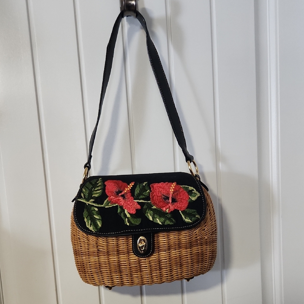 Black & Tan Wicker Shoulder Bag with Red Floral Embroidery Lined In Gingham
